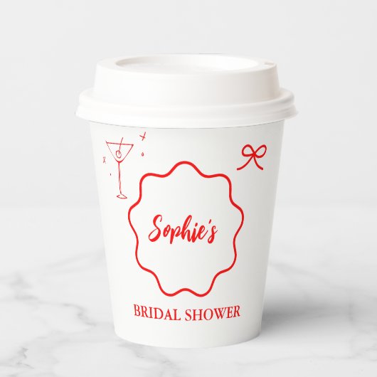ピンクとレッドのウェーブ柄レトロボーダー ブライダルシャワー 紙コップ (正面)