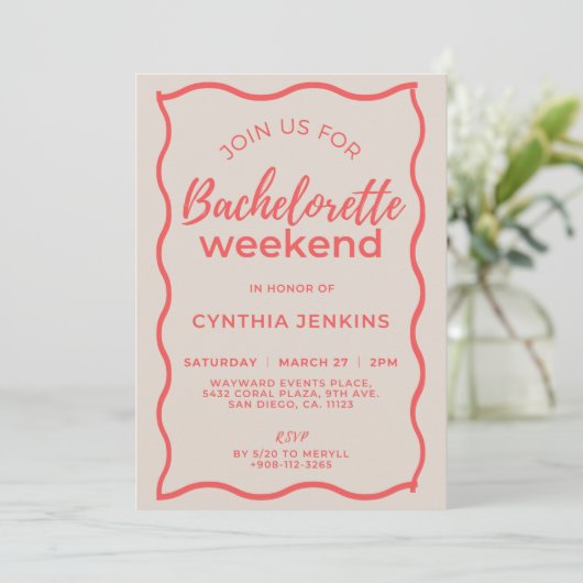 ピンクとレッドのウェーブ バチェロレッテウィークエンドの予定 招待状 (スタンド正面)