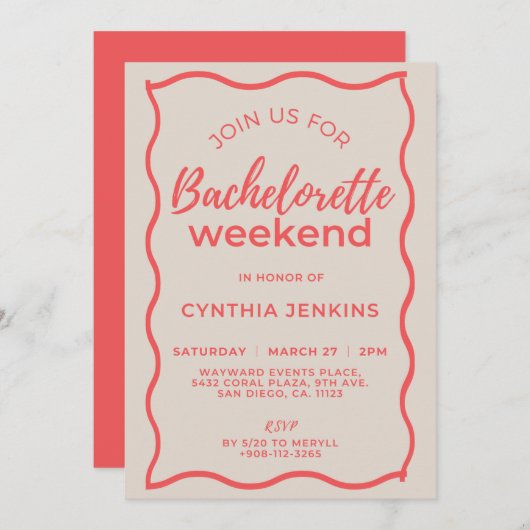 ピンクとレッドのウェーブ バチェロレッテウィークエンドの予定 招待状 (正面/裏面)