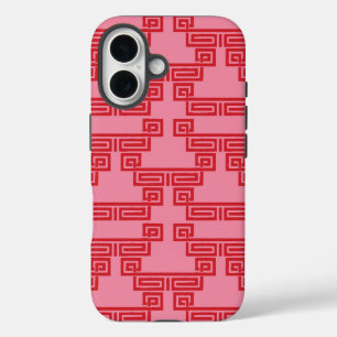 ピンクとレッドのギリシャ鍵連続模様のティア iPhone 16ケース