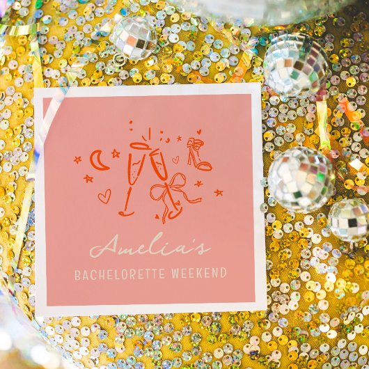 ピンクとレッドのスケッチ ブライズメイド ウィークエンドパーティー スタンダードカクテルナプキン