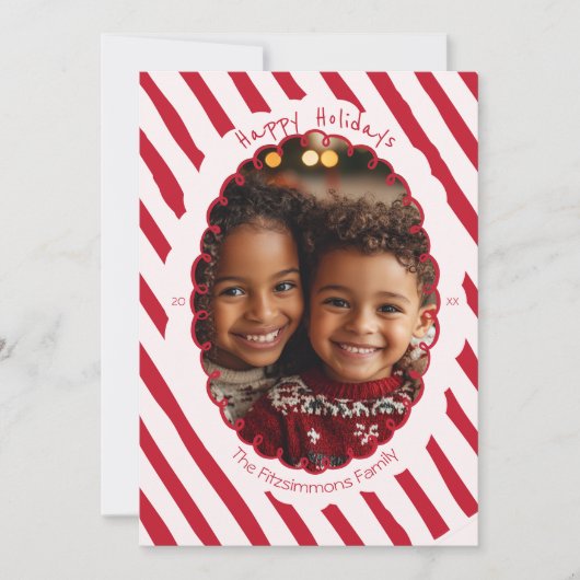 ピンクとレッドのポップなストライプのホリデー写真 シーズンカード (正面)