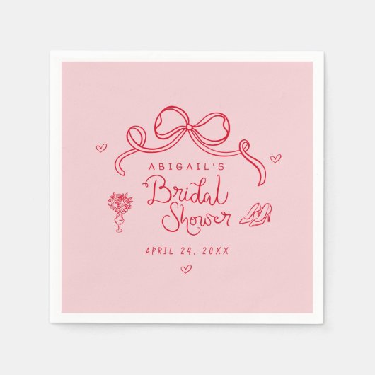 ピンクとレッドのレトロで手描きの不思議な結婚前のお祝い スタンダードカクテルナプキン (正面)