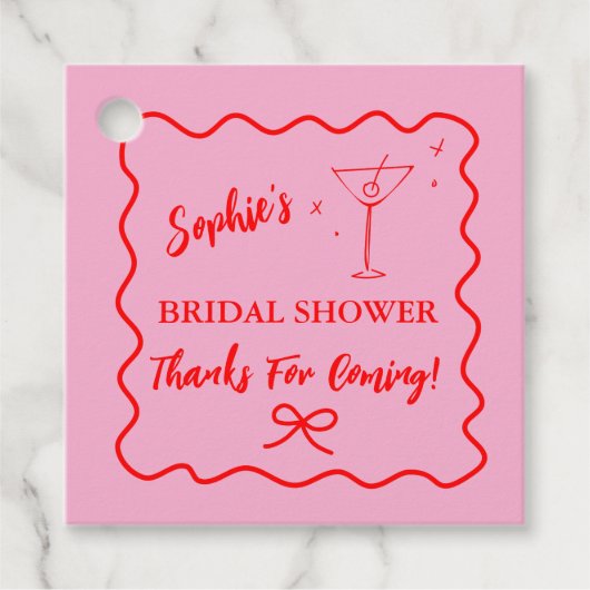 ピンクとレッドのレトロなウェーブ柄のブライズシャワーマルティーニ フェイバータグ (正面)