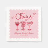 ピンクとレッドの手描きレトロスタイルの楽しいウェディングシャワー スタンダードカクテルナプキン (正面)