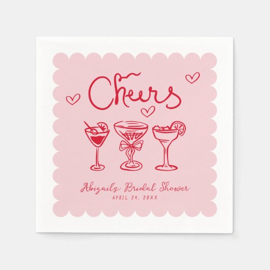 ピンクとレッドの手描きレトロスタイルの楽しいウェディングシャワー スタンダードカクテルナプキン (正面)