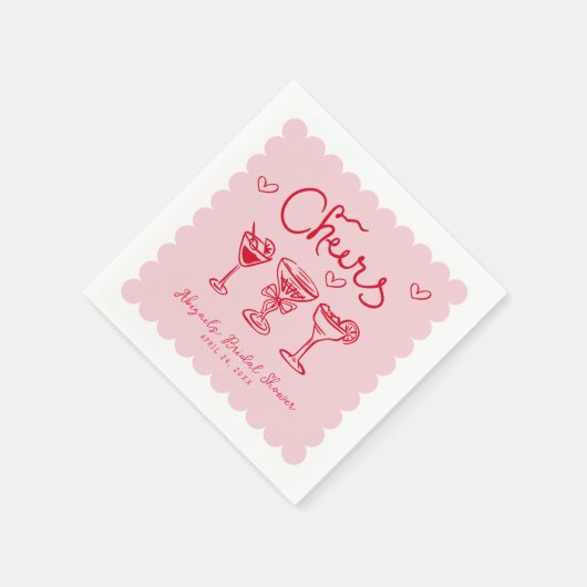 ピンクとレッドの手描きレトロスタイルの楽しいウェディングシャワー スタンダードカクテルナプキン (角)