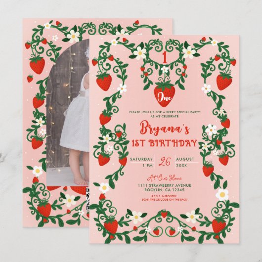 ピンクとレッドの花の蔓 スターベリー 1歳の誕生日 招待状 (正面/裏面)