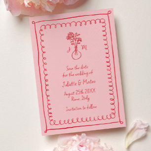 ピンクとレッドの落書きフレームでSave the Date セーブザデート