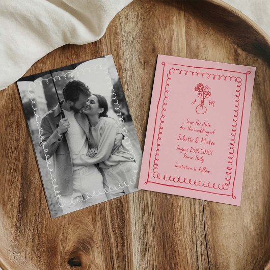 ピンクとレッドの落書きフレームでSave the Date セーブザデート