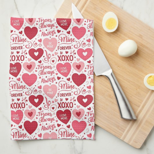 ピンクとレッドの XOXO & Always Be Mine キッチンタオル (四つ折り)
