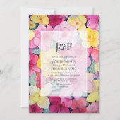 ピンクとレモンのフローラ結婚のモノグラム 招待状 (正面)