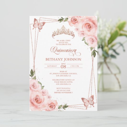 ピンクとローズゴールドのキンセアニエラ招待状 招待状 (スタンド正面)