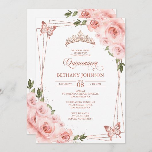 ピンクとローズゴールドのキンセアニエラ招待状 招待状 (正面/裏面)