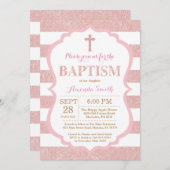 ピンクとローズゴールドのピンクグリッター洗礼招待状 招待状 (正面/裏面)