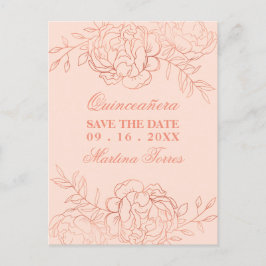 ピンクとローズゴールドのファインアートフラワーのSave the Date 案内ポストカード