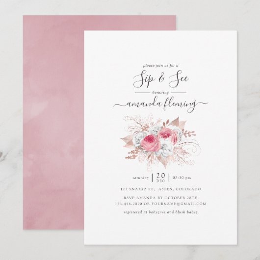 ピンクとローズゴールドの花のシップアンドシー 招待状 (正面/裏面)