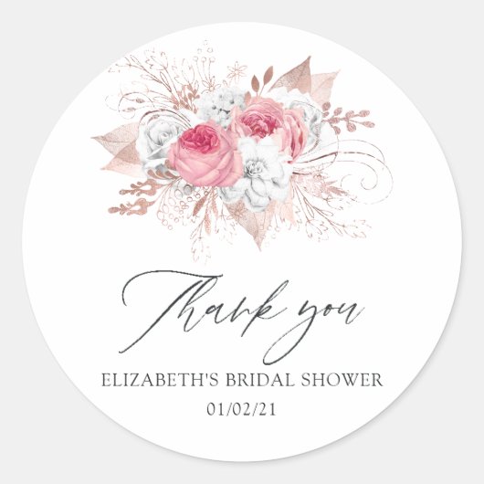 ピンクとローズゴールドの花のブライダルシャワー ラウンドシール (正面)