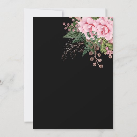 ピンクとローズゴールドの花の40歳の誕生日 黒 招待状 (裏面)