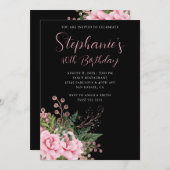 ピンクとローズゴールドの花の40歳の誕生日 黒 招待状 (正面/裏面)