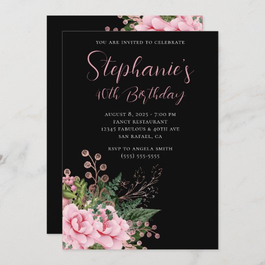ピンクとローズゴールドの花の40歳の誕生日 黒 招待状 (正面/裏面)