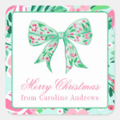 ピンクと名門私立校風のグリーンのクリスマスボウギフト スクエアシール (正面)