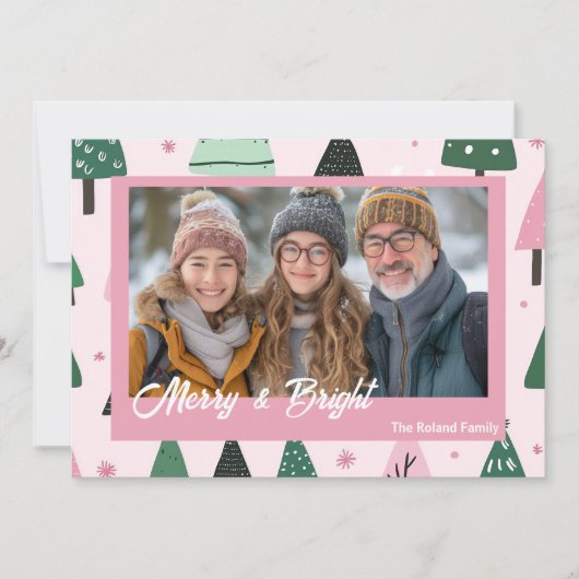 ピンクと名門私立校風のグリーンクリスマスツリーの休日の写真 シーズンカード (正面)