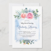 ピンクと埃っぽいブルーのフローラベビーシャワー 招待状 (正面)