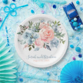 ピンクと埃っぽいブルーのフローラ結婚バラ ペーパープレート (パーティー)