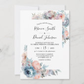 ピンクと埃っぽいブルーバラ水彩フローラ結婚ズ 招待状 (正面)