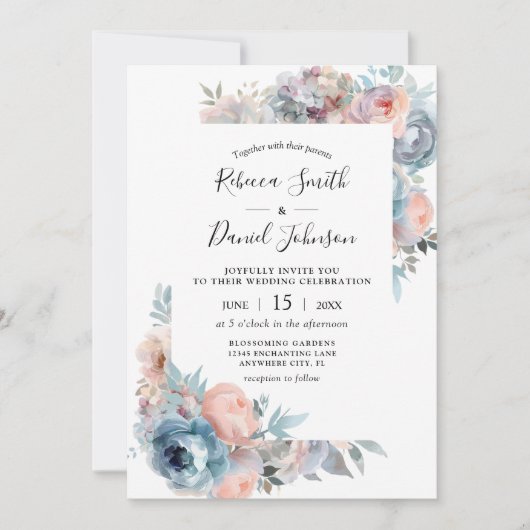 ピンクと埃っぽいブルーバラ水彩フローラ結婚ズ 招待状 (正面)