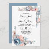 ピンクと埃っぽいブルーバラ水彩フローラ結婚ズ 招待状 (正面/裏面)