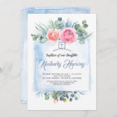 ピンクと埃っぽいブルーフローラエレガントバプテスマ 招待状 (正面/裏面)