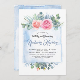 ピンクと埃っぽいブルーフローラ誕生日パーティー 招待状