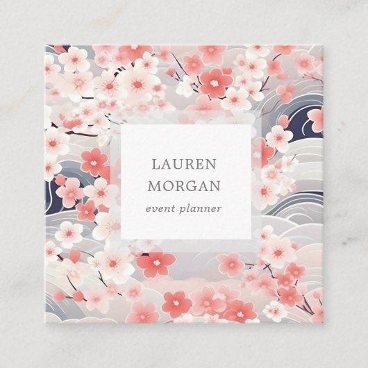 ピンクと埃っぽい青い桜の花 スクエア名刺 (正面)