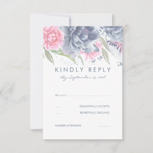 ピンクと埃の多い青い花の結婚式RSVP 出欠カード (正面)