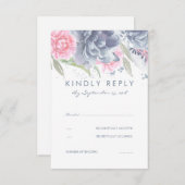 ピンクと埃の多い青い花の結婚式RSVP 出欠カード (正面/裏面)