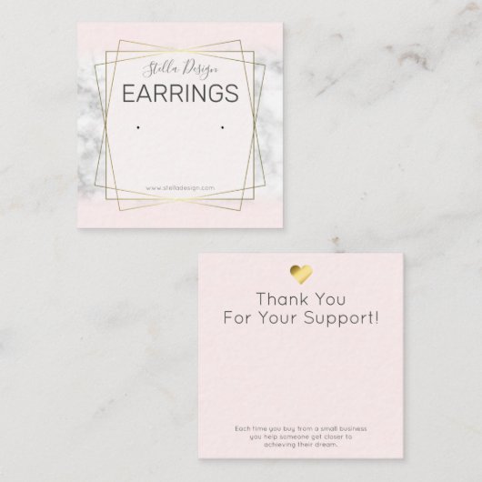 ピンクと大理石の金ゴールドイヤリング表示包装 スクエア名刺 (正面/裏面)