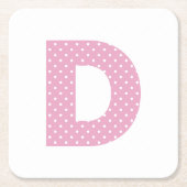 ピンクと小さな白い水玉のボールドDモノグラム スクエアペーパーコースター (正面)