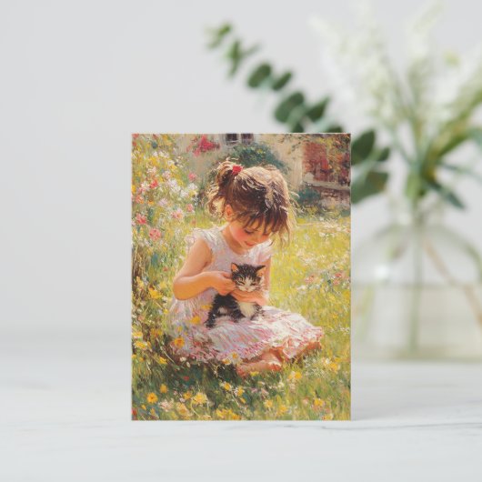 ピンクと彼女の子猫の愛らしい小さな女の子 ポストカード (スタンド正面)