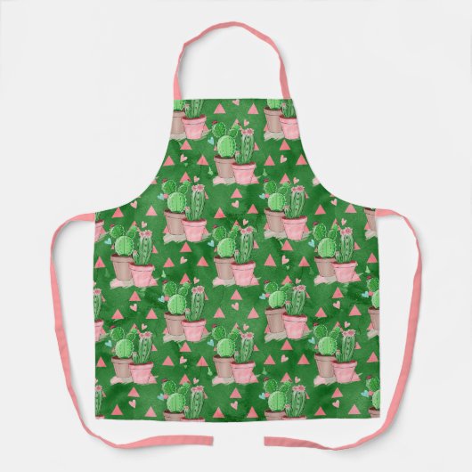 ピンクと明るい緑の花を咲かせるサボテンの模様 エプロン (正面)