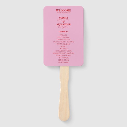 ピンクと明るい赤の結婚式プログラムファンのセット ハンドファン (正面)