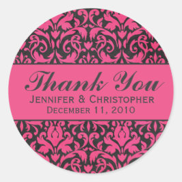 ピンクと木炭のダマスクのラウンドウェディングラベル ラウンドシール