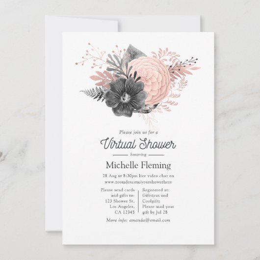 ピンクと木炭のフローラバーチャルシャワー 招待状 (正面)