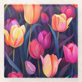 ピンクと桃のチューリップ花柄 ガラスコースター