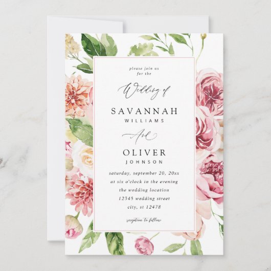 ピンクと桃のフローラと結婚緑のV2 wフレーム 招待状 (正面)