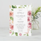 ピンクと桃のフローラと結婚緑のV2 wフレーム 招待状 (スタンド正面)