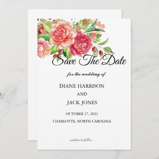 ピンクと桃のフローラ結婚式の日付を保存 招待状 (正面/裏面)