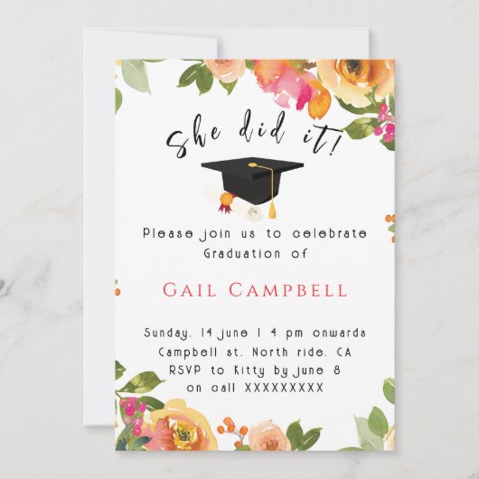 ピンクと桃の水色のフローラ写真 招待状 (正面)