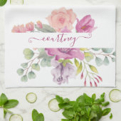 ピンクと桃の水色のフローラ パーソナライズされた キッチンタオル (折り畳み)